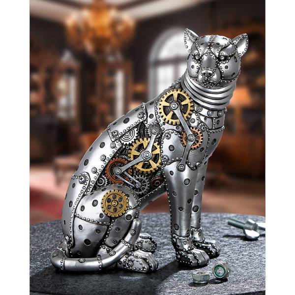 Figur Steampunk Leopard Kunstharz - Silber / Gold / Schwarz