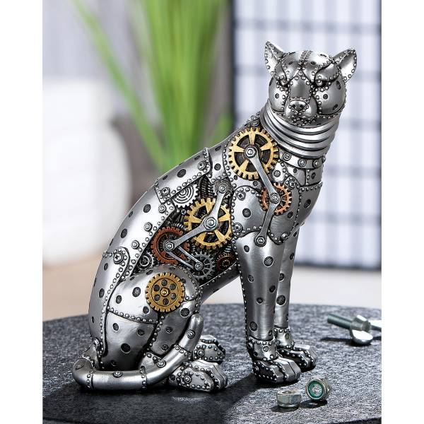 Figur Steampunk Leopard Kunstharz - Silber / Gold / Schwarz