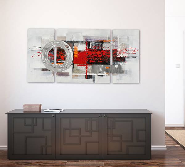 Leinwandbild Kreis in Silber und Rot Leinwand / Tanne massiv - Schwarz / Weiß