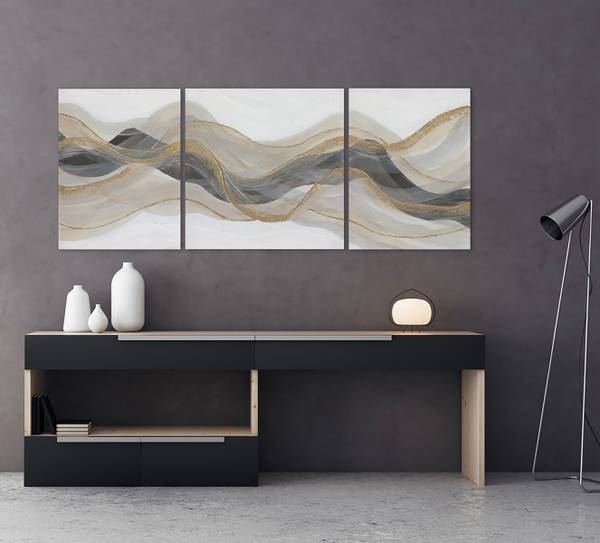 Leinwandbild Abstrakte Wellen Leinwand / Pinie massiv - Schwarz / Weiß / Beige