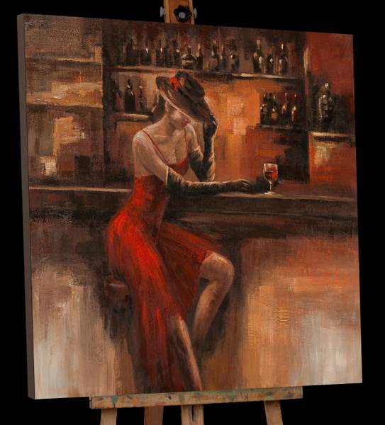 Leinwandbild Dame an der Bar Leinwand / Pinie massiv - Schwarz / Beige / Rot / Braun