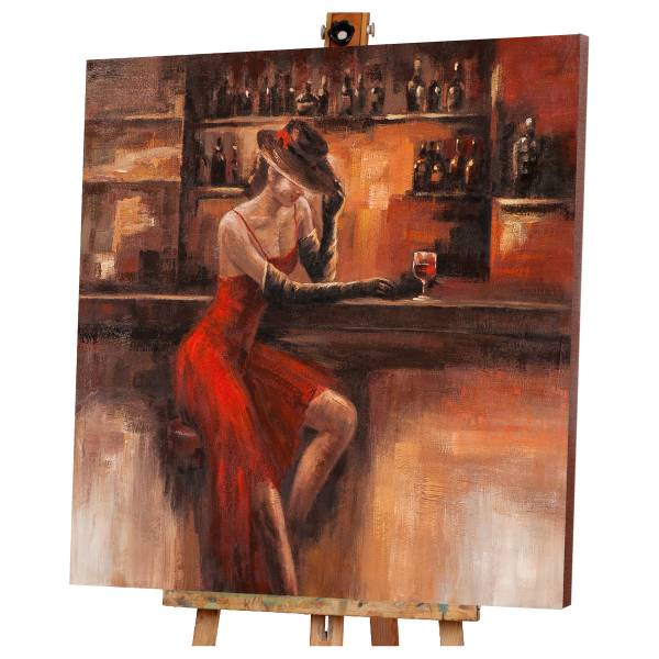 Leinwandbild Dame an der Bar Leinwand / Pinie massiv - Schwarz / Beige / Rot / Braun