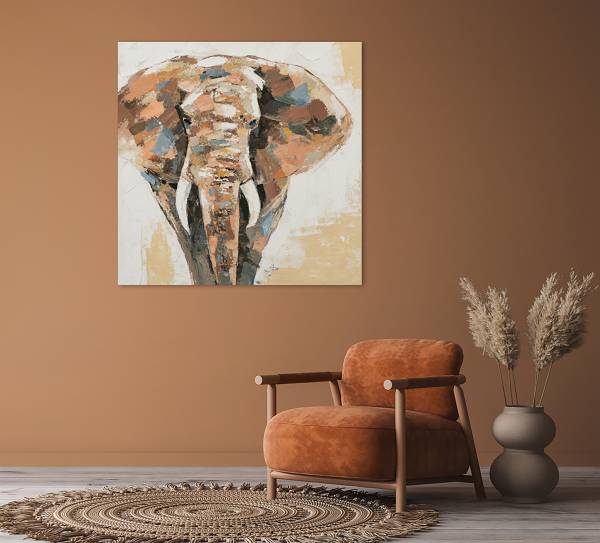 Leinwandbild Imposanter Elefant Leinwand / Pinie massiv - Weißbeige / Braungrau