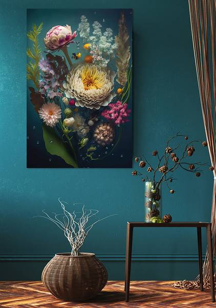 Glasbild Water Flowers Typ B Sicherheitsglas - Bunt / Türkis / Petrol