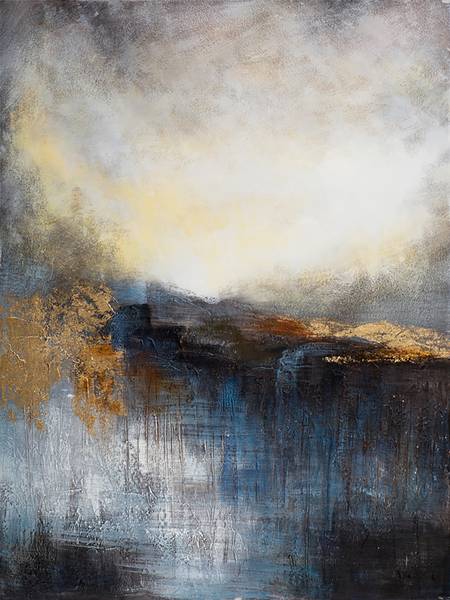 Leinwandbild Abstrakte Seelandschaft Leinwand / Tanne massiv - Blau Gelb / Gold / Grau