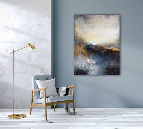 Leinwandbild Abstrakte Seelandschaft Leinwand / Tanne massiv - Blau Gelb / Gold / Grau