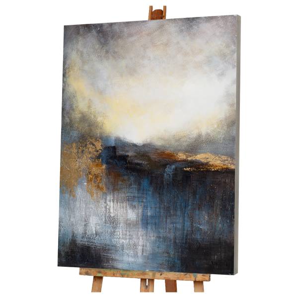Leinwandbild Abstrakte Seelandschaft Leinwand / Tanne massiv - Blau Gelb / Gold / Grau