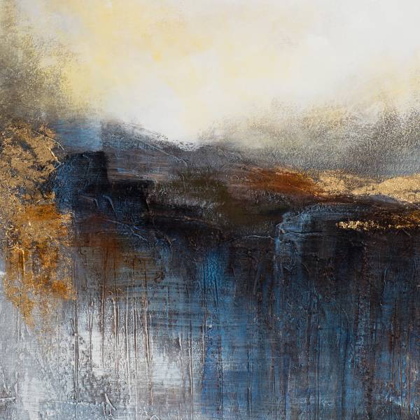 Leinwandbild Abstrakte Seelandschaft Leinwand / Tanne massiv - Blau Gelb / Gold / Grau