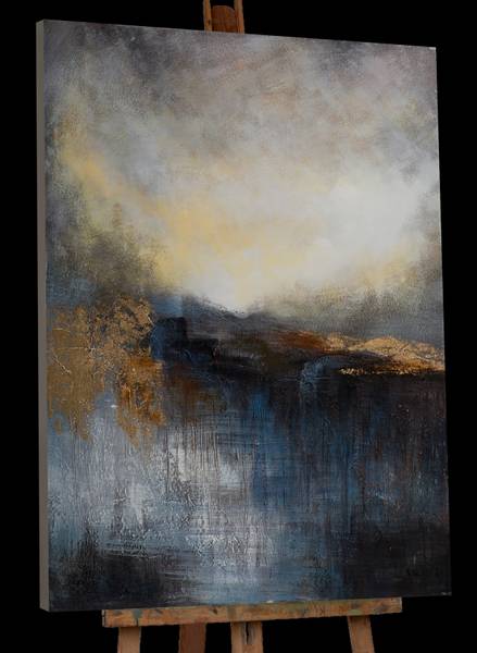 Leinwandbild Abstrakte Seelandschaft Leinwand / Tanne massiv - Blau Gelb / Gold / Grau