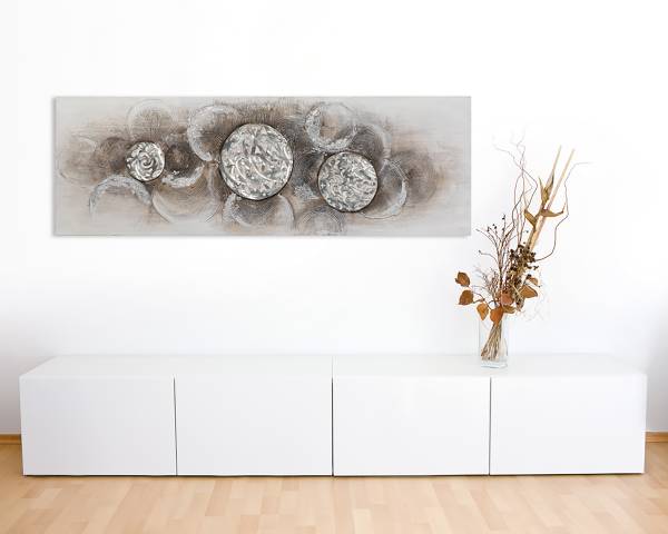 Leinwandbild Relief-Harmonie Leinwand / Pinie massiv - Weißbeige / Silber