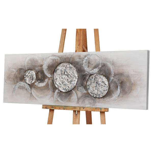 Leinwandbild Relief-Harmonie Leinwand / Pinie massiv - Weißbeige / Silber
