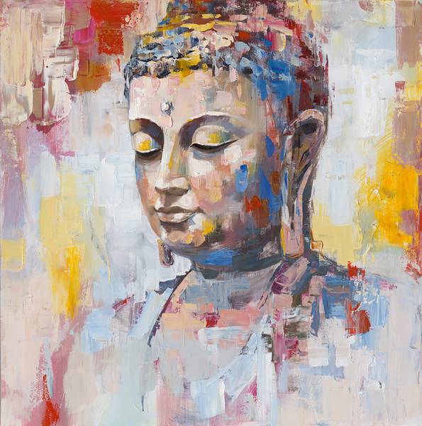 Leinwandbild Farbreflektion Buddha Leinwand / Pinie massiv - Bunt