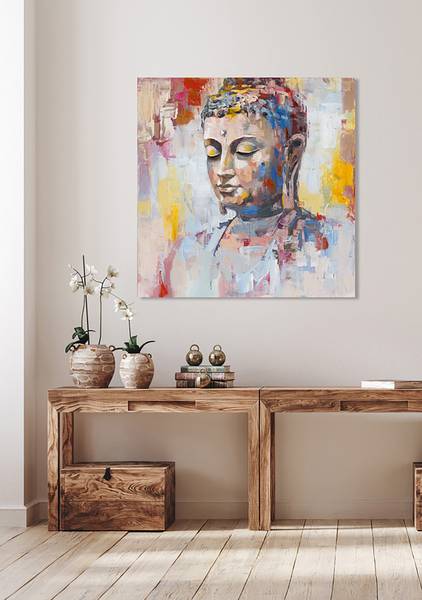 Leinwandbild Farbreflektion Buddha Leinwand / Pinie massiv - Bunt