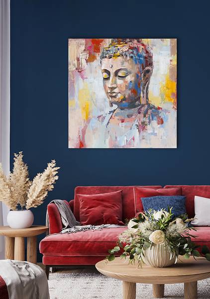 Leinwandbild Farbreflektion Buddha Leinwand / Pinie massiv - Bunt