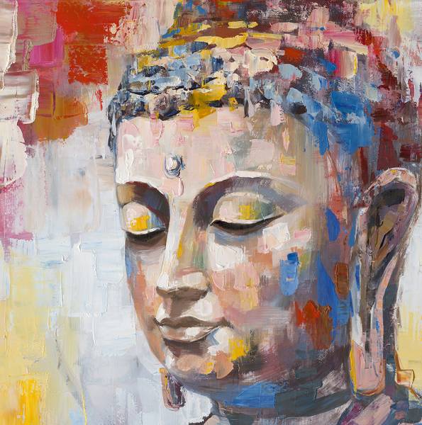Leinwandbild Farbreflektion Buddha Leinwand / Pinie massiv - Bunt