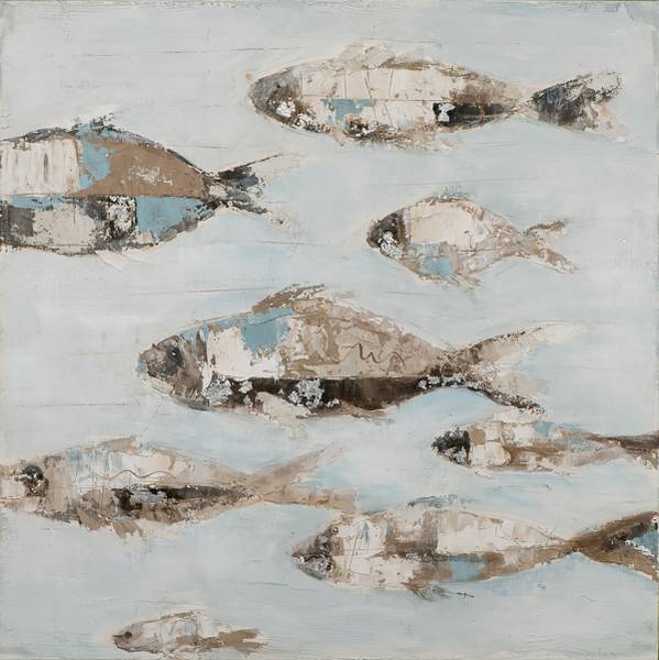 Leinwandbild Fischschwarm in Hellblau Leinwand / Pinie massiv - Schwarzbeige / Blau Grau