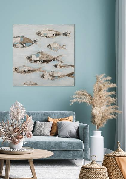 Leinwandbild Fischschwarm in Hellblau Leinwand / Pinie massiv - Schwarzbeige / Blau Grau