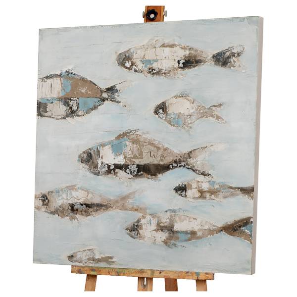 Leinwandbild Fischschwarm in Hellblau Leinwand / Pinie massiv - Schwarzbeige / Blau Grau