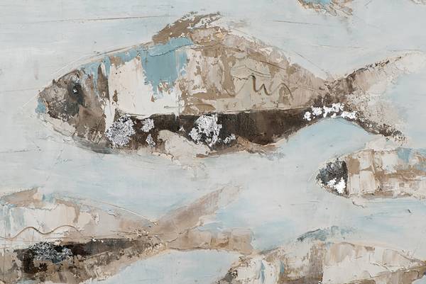 Leinwandbild Fischschwarm in Hellblau Leinwand / Pinie massiv - Schwarzbeige / Blau Grau