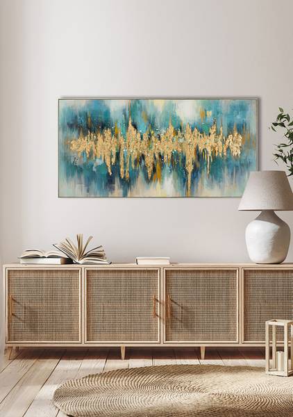 Leinwandbild Goldener Horizont Typ B Leinwand / Pinie massiv - Gold / Türkis / Petrol