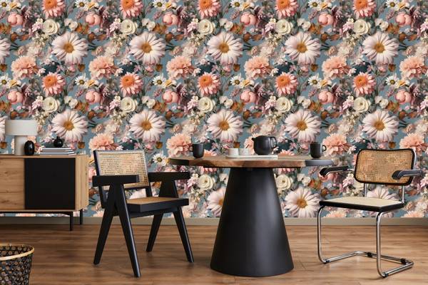 Papier Peint Fleurs Feuilles Plantes Beige - Bleu - Vert - Rose foncé - Polaire - 53 x 1000 x 1000 cm