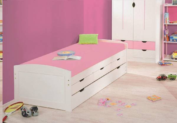 Einzelbett mit unterem Ausziehbett und Weiß - Massivholz - 195 x 63 x 98 cm