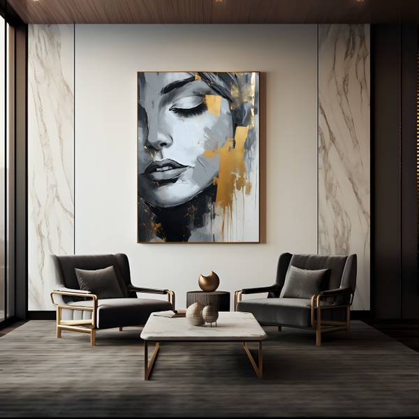 Afbeelding Het gezicht VROUW beige - zwart - bruin - grijs - linnen - 40 x 60 x 60 cm