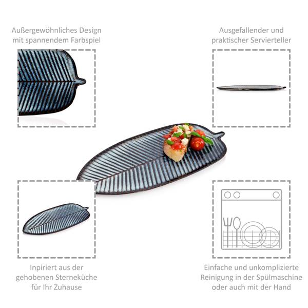 Servierteller Tokio Blattoptik Schwarz - Blau - Stein - 40 x 12 x 23 cm