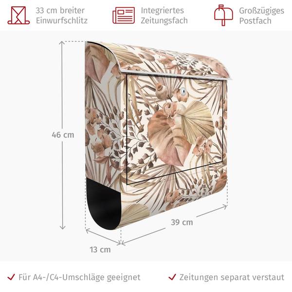 Briefkasten Palmenblätter I Braun - Stahl - 39 x 46 x 13 cm