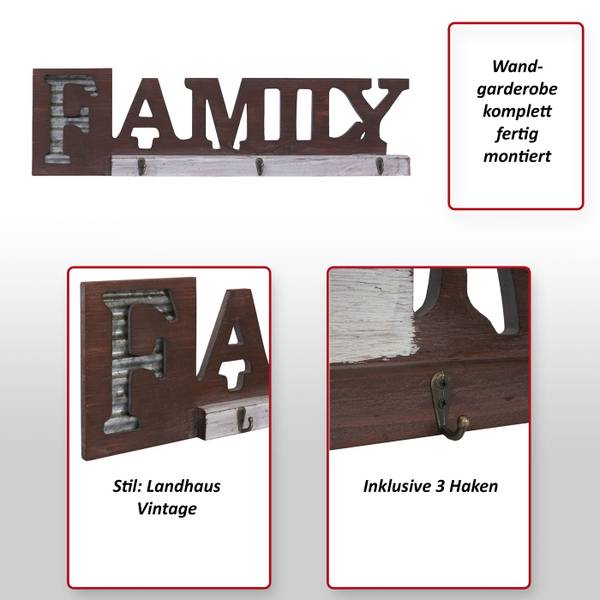Vestaire murale A91 Family Marron - Bois manufacturé - Métal - En partie en bois massif - 18 x 63 x 4 cm