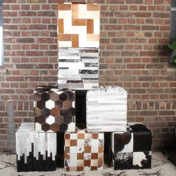 Patchwork Fellhocker Jaspal Beige - Holzwerkstoff - Echtfell - 45 x 45 x 45 cm