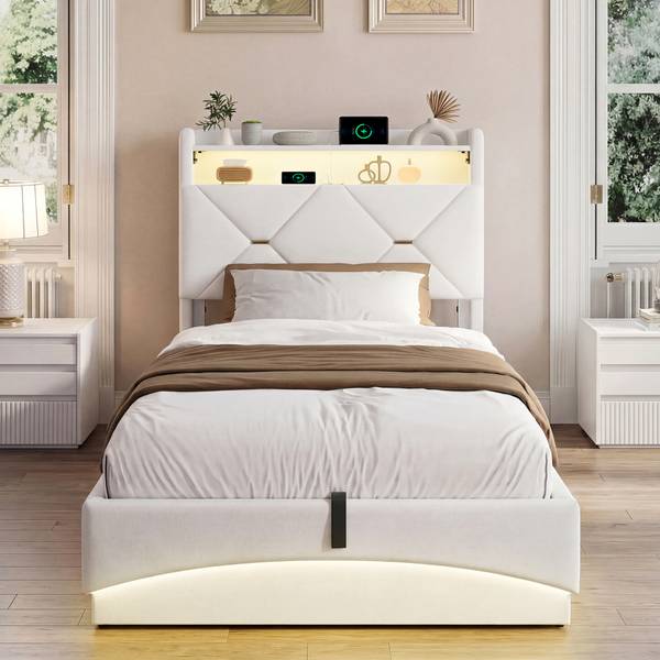 Polsterbett HUR01 Beige - Metall - Massivholz - 91 x 108 x 214 cm