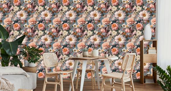 Papier Peint Fleurs Feuilles Plantes Beige - Bleu - Vert - Rose foncé - Polaire - 53 x 1000 x 1000 cm