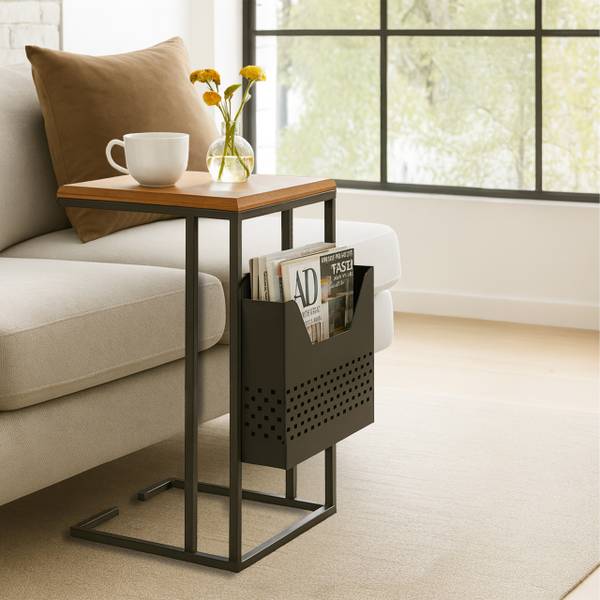 Beistelltisch mit Zeitungsablage C-Form Schwarz - Braun - Eisen - 30 x 63 x 37 cm