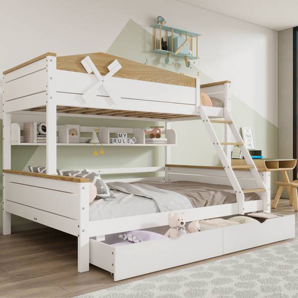 Etagenbett Aura Ⅰ Braun - Weiß - Holzwerkstoff - Metall - Massivholz - 145 x 155 x 205 cm