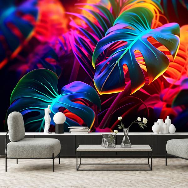 Fototapete Monstera Blätter Neonfarben 250 x 175 cm