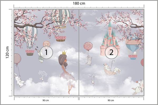 Papier Peint LAPINS Fleurs Ballons Nuage 180 x 120 x 120 cm