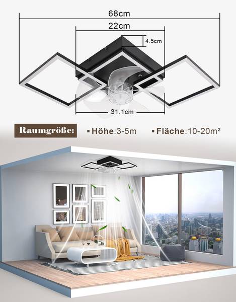 Deckenventilator W23R Schwarz - Eisen - 31 x 14 x 68 cm