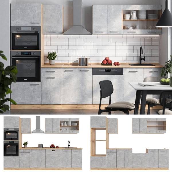 Complete keukeneenheid R-Line 53879 bruin - grijs - chroom - 300 x 207 x 60 cm
