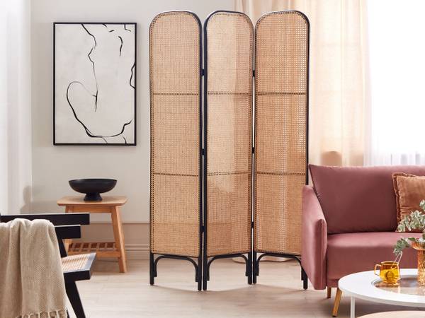 Paravent POTENZA Schwarz - Blau - Braun - Rattan - 105 x 180 x 3 cm