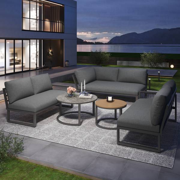 Gartenmöbel-Set MetaRopeNatur 5-teilig Grau - Holzwerkstoff - Glas - Metall - Kunststoff - Textil - 233 x 86 x 178 cm