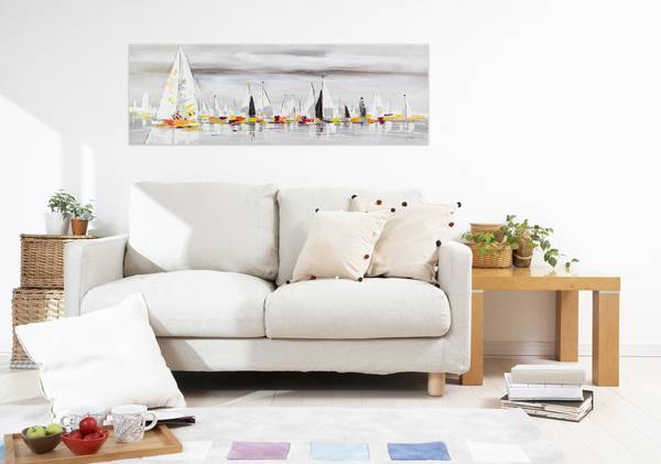 Tableau peint à la main Flotte Voiliers Gris - Coton - 150 x 50 x 4 cm