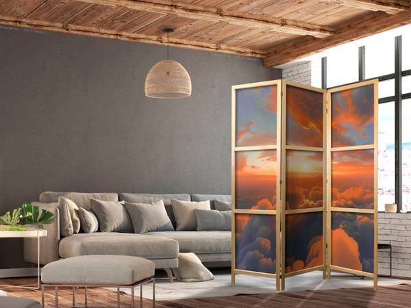 Paravent Wolken Sonnenuntergang  3-tlg Blau - Orange - Weiß - Gelb - Holzwerkstoff - Textil - 135 x 172 x 3 cm