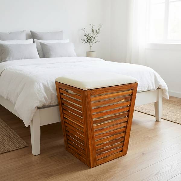 Wäschekorb aus Akazienholz mit Sitz Braun - Weiß - Holzwerkstoff - Textil - 40 x 56 x 40 cm