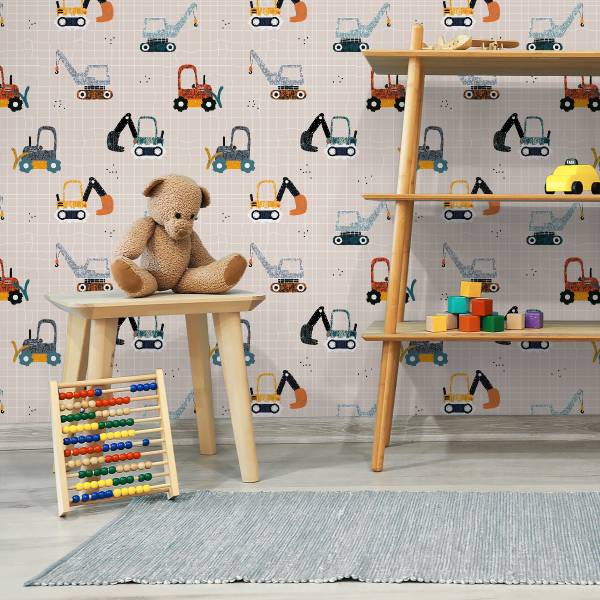 TAPETE Bagger Kräne Traktoren Kariert Beige - Blau - Grau - Grün - Rot - Papier - 53 x 1000 x 1000 cm