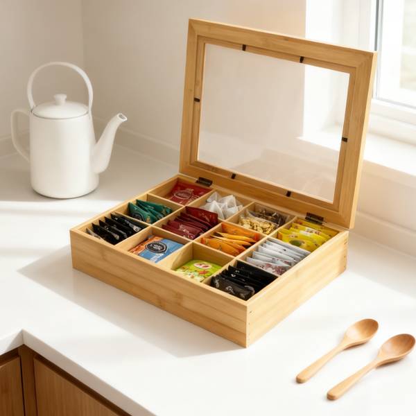 Boîte à thé en bambou, 12 compartiments Marron - Bambou - Matière plastique - 28 x 9 x 23 cm