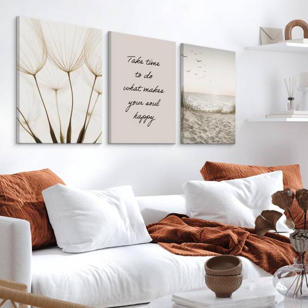 Leinwandbilder Set Meer Zitat Pflanzen Beige - Schwarz - Grün - Leinen - 90 x 40 x 40 cm