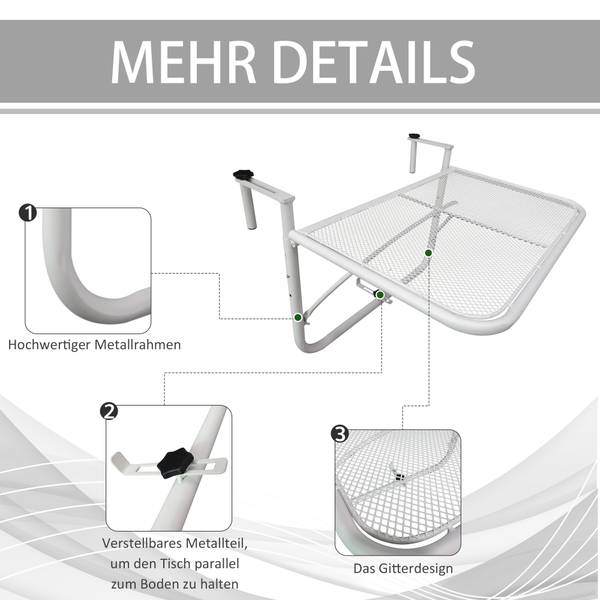 Balkonhängetisch 84B-296WT Weiß - Metall - 56 x 50 x 60 cm