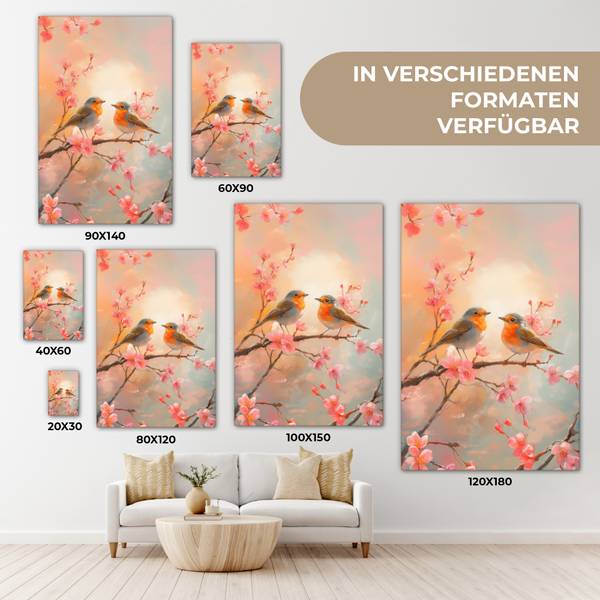 LEINWANDBILD Rotkehlchen Pink - Baumwollstoff - 80 x 120 x 2 cm