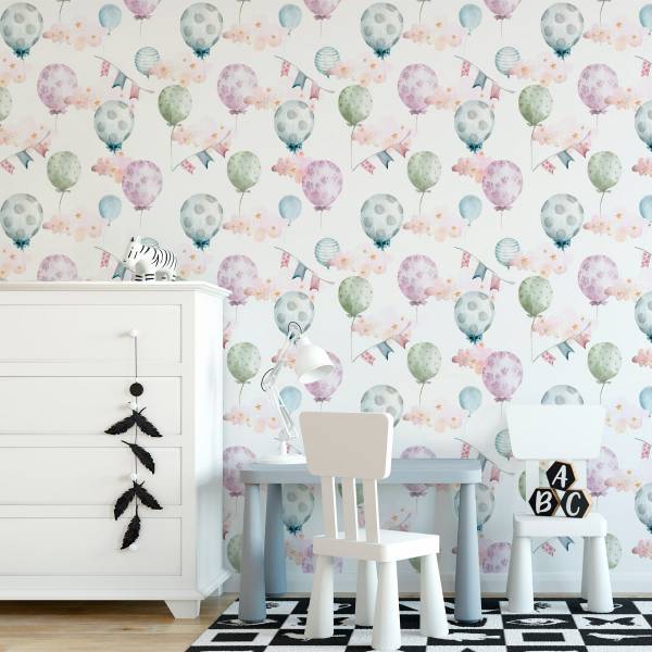 Tapete BALLONS Blumen Sterne Wolken Blau - Grün - Violett - Weiß - Fleece - 53 x 1000 x 1000 cm